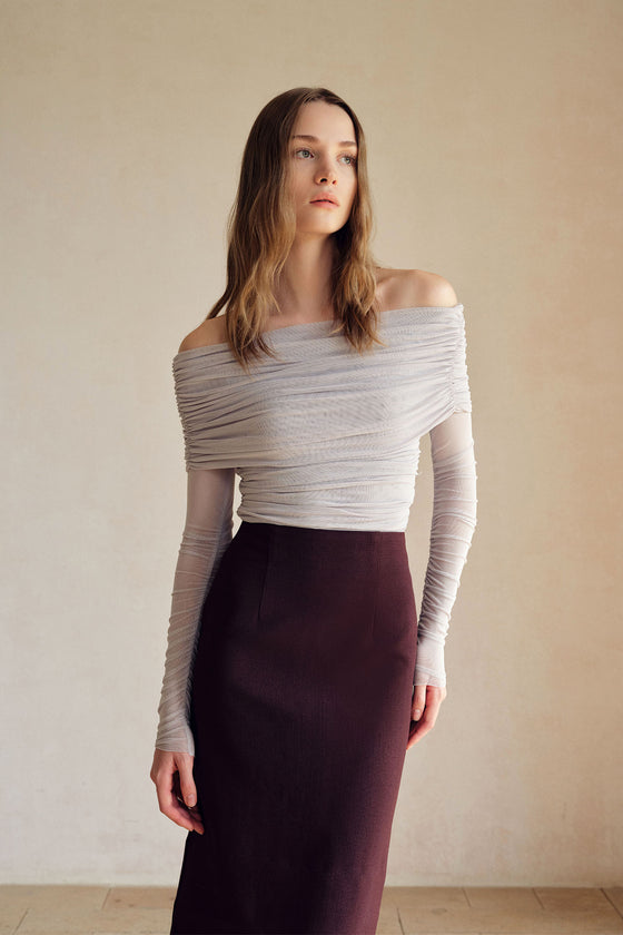 Bailey Mesh Ruched Off Shoulder Top (Misty Blue)