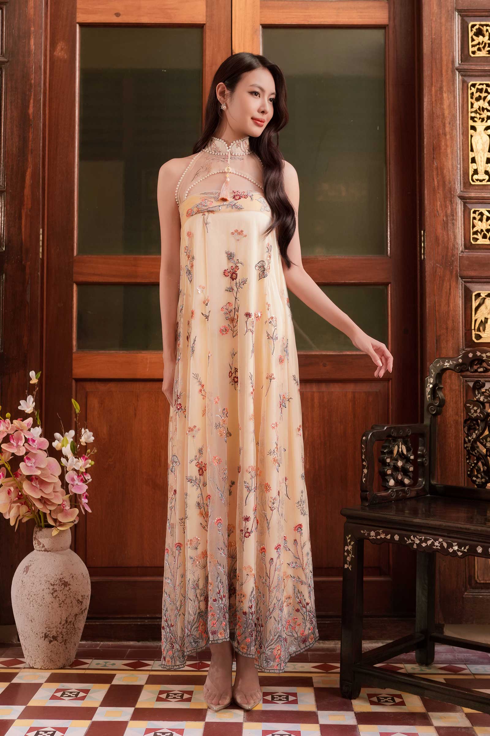 BACKORDER Whispering Bloom Qipao Dress (Champagne)