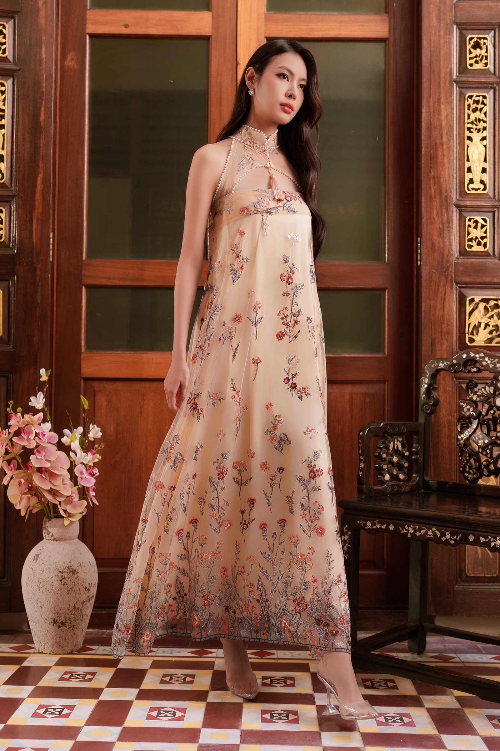 BACKORDER Whispering Bloom Qipao Dress (Champagne)