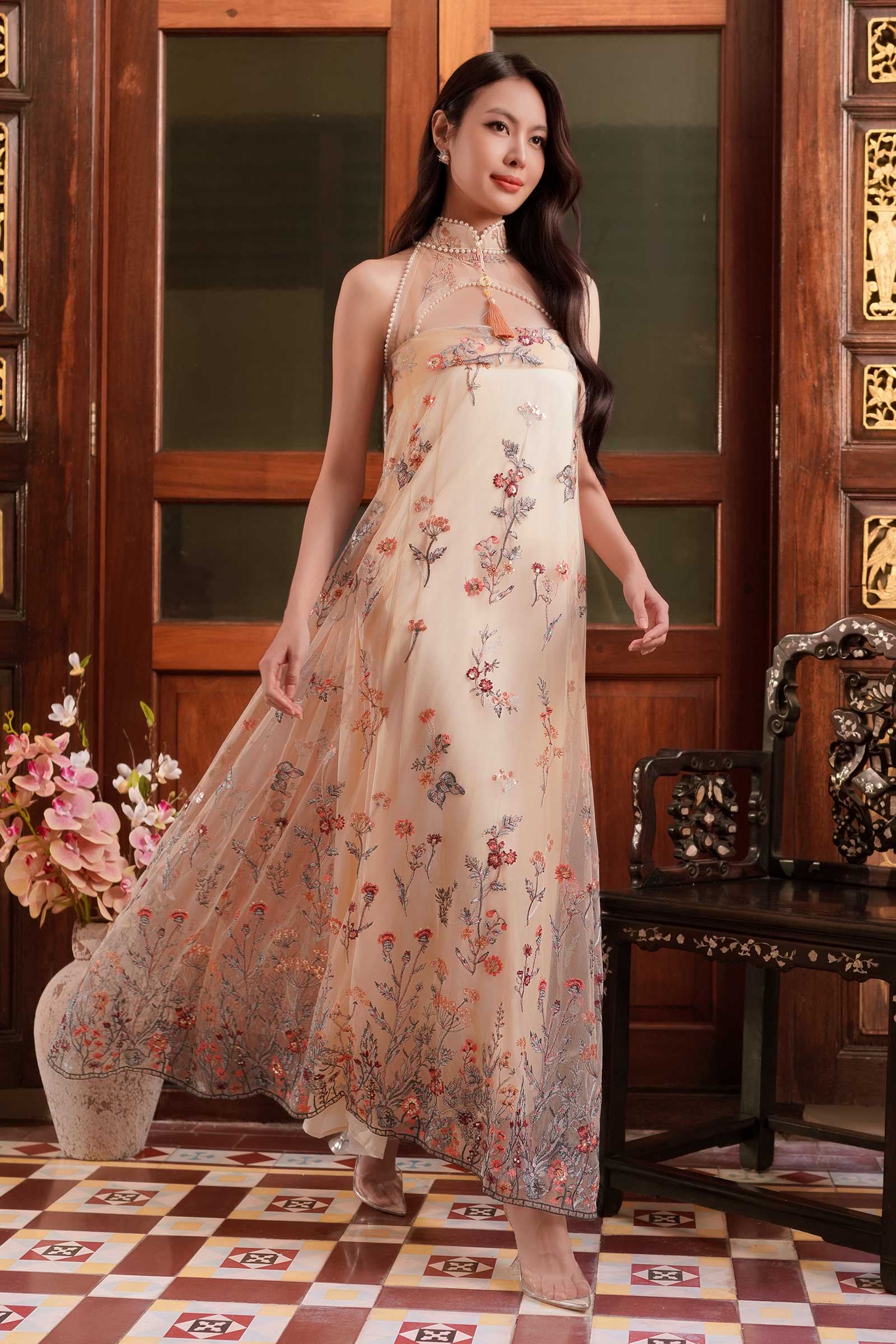BACKORDER Whispering Bloom Qipao Dress (Champagne)