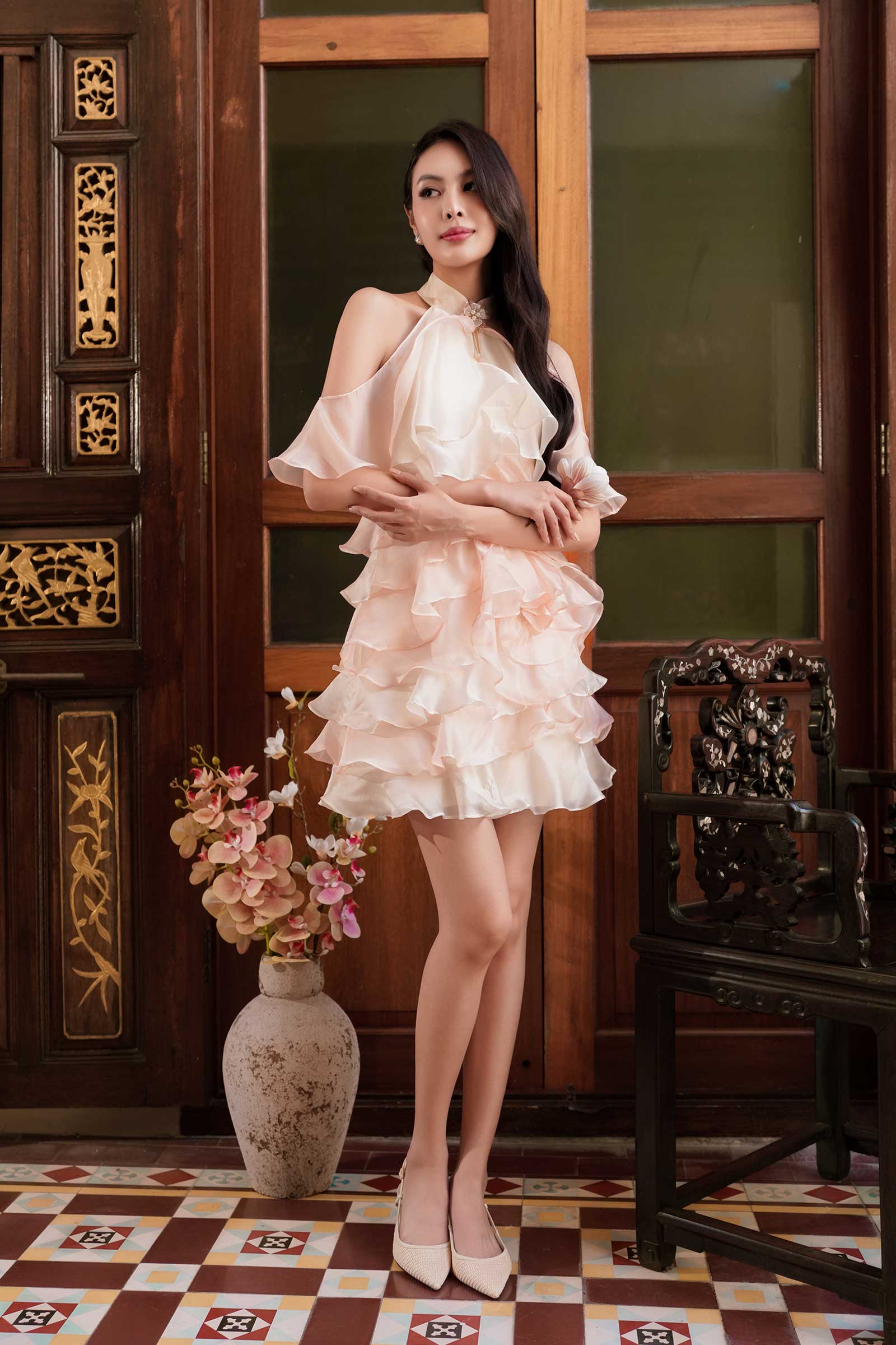 BACKORDER Elyse Ruffle Qipao Dress (Cream)