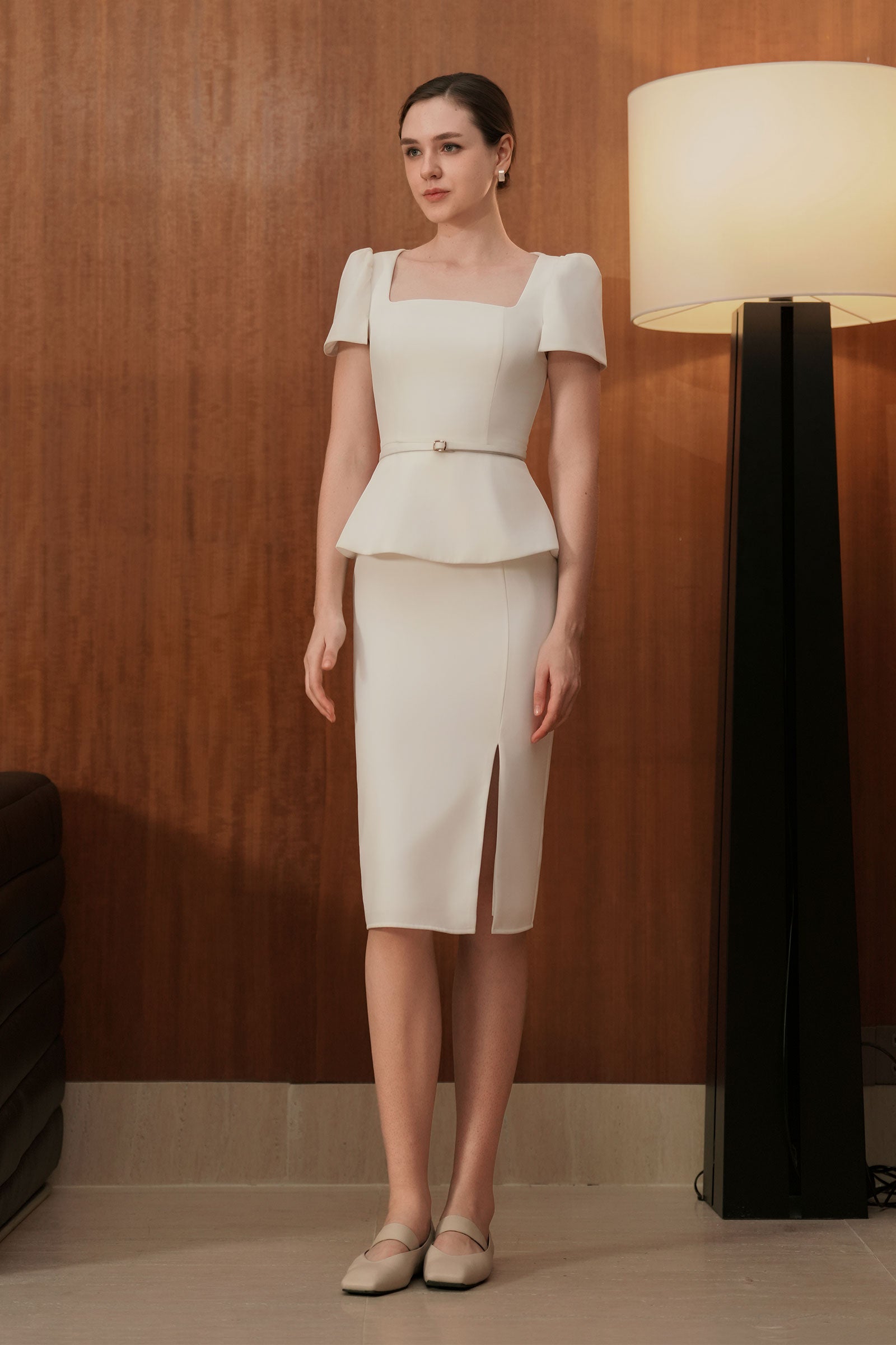 Veron Belted Peplum Dress (White)