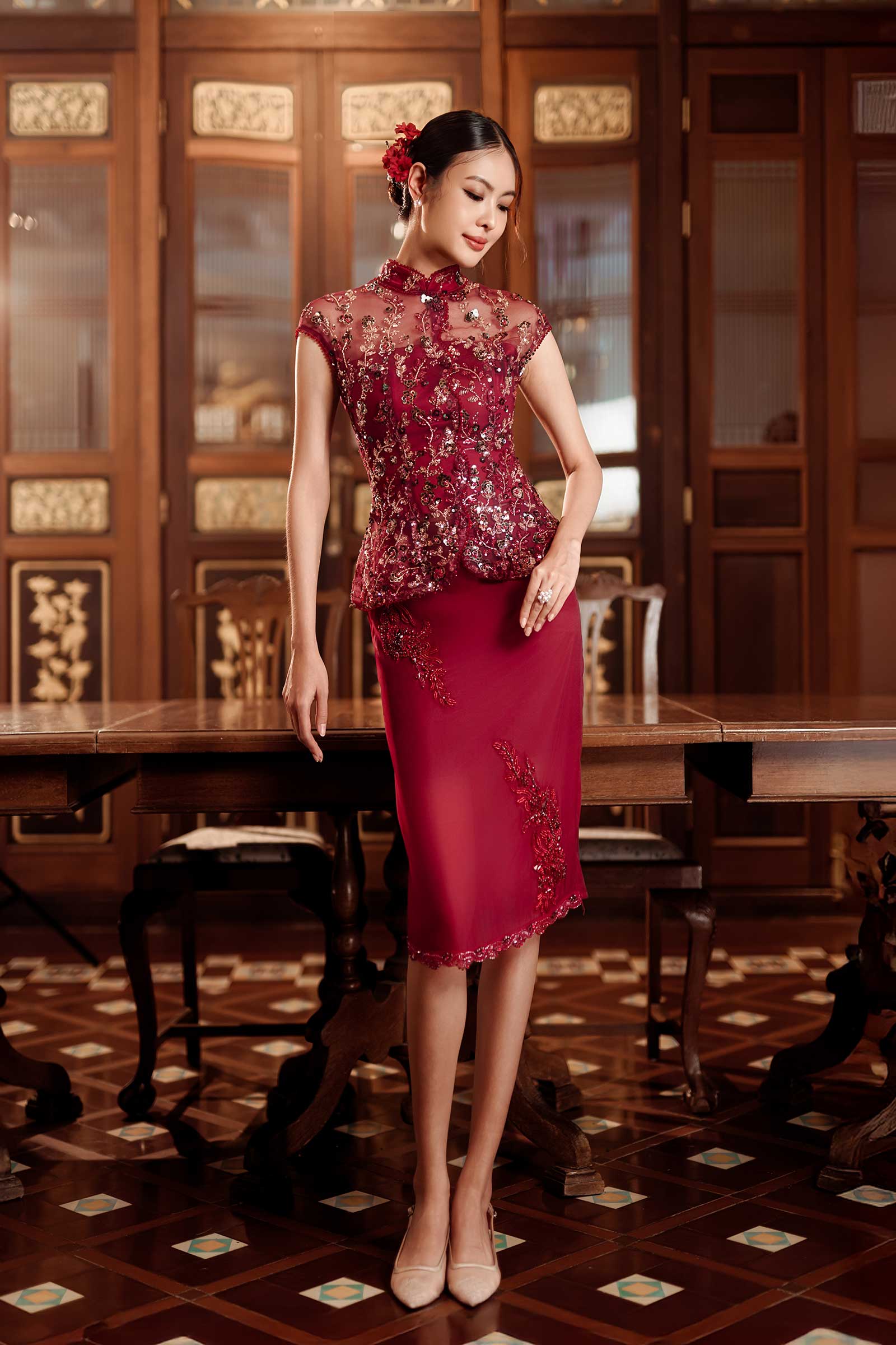 Xianne Embellished Skirt (Red)