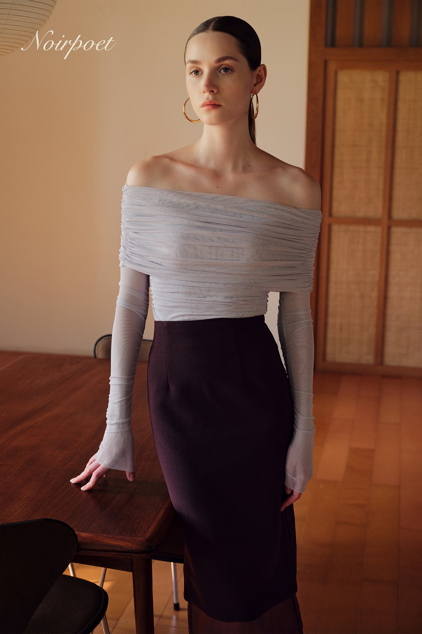 Bailey Mesh Ruched Off Shoulder Top (Misty Blue)