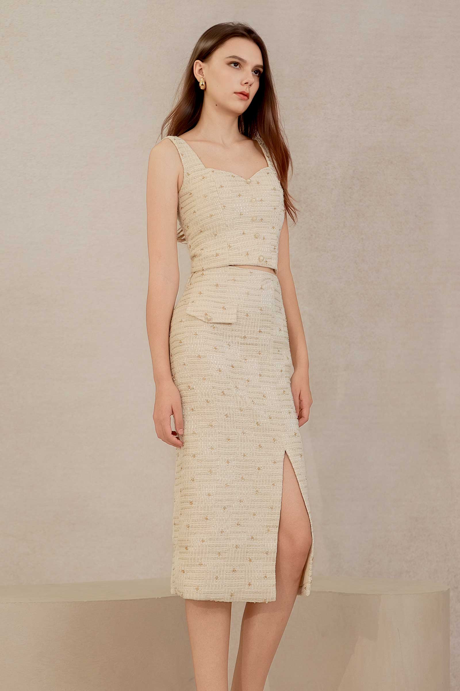 Eclat Tweed Padded Top (Cream)