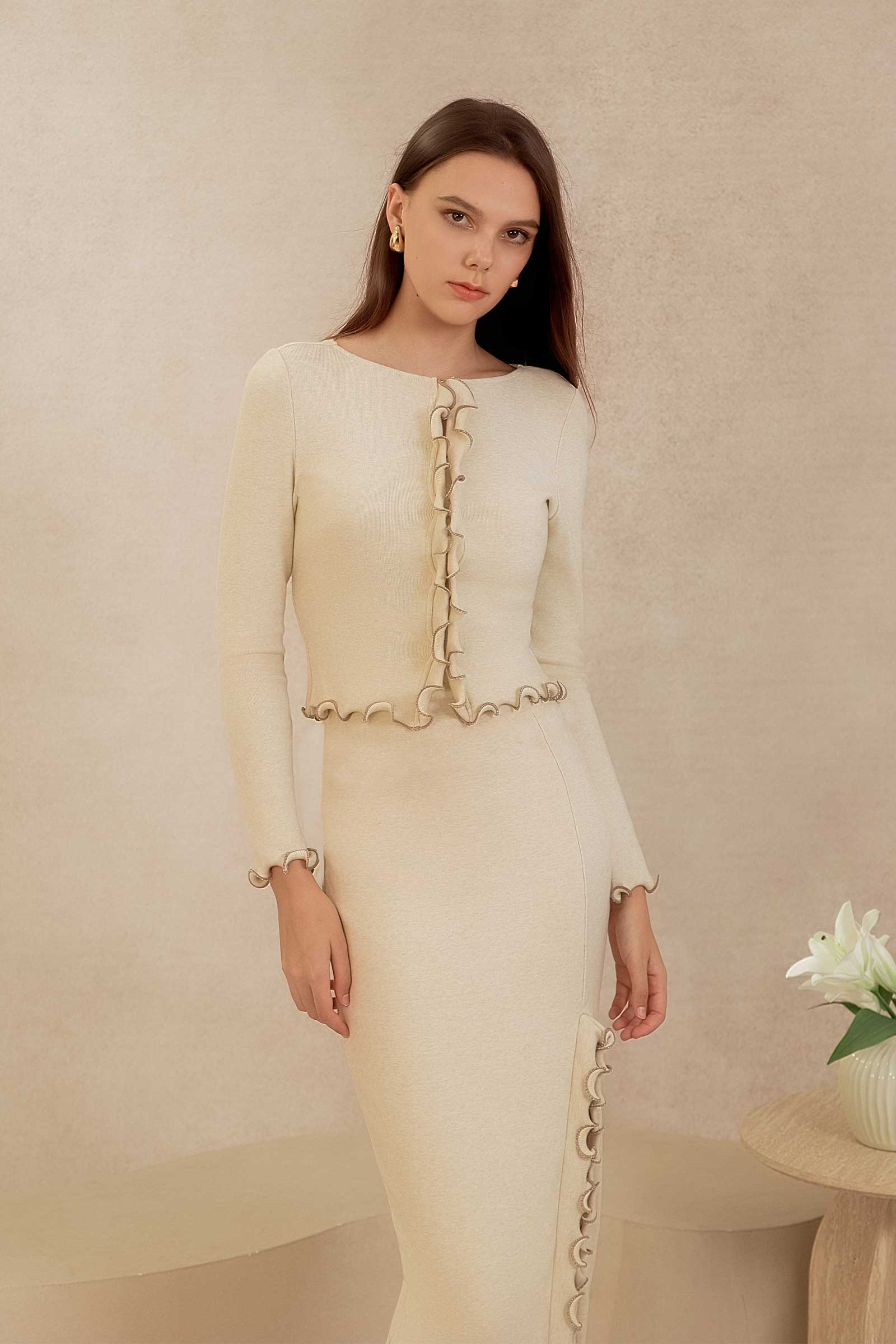 Drenielle Knit Top & Cardi Set (Cream)