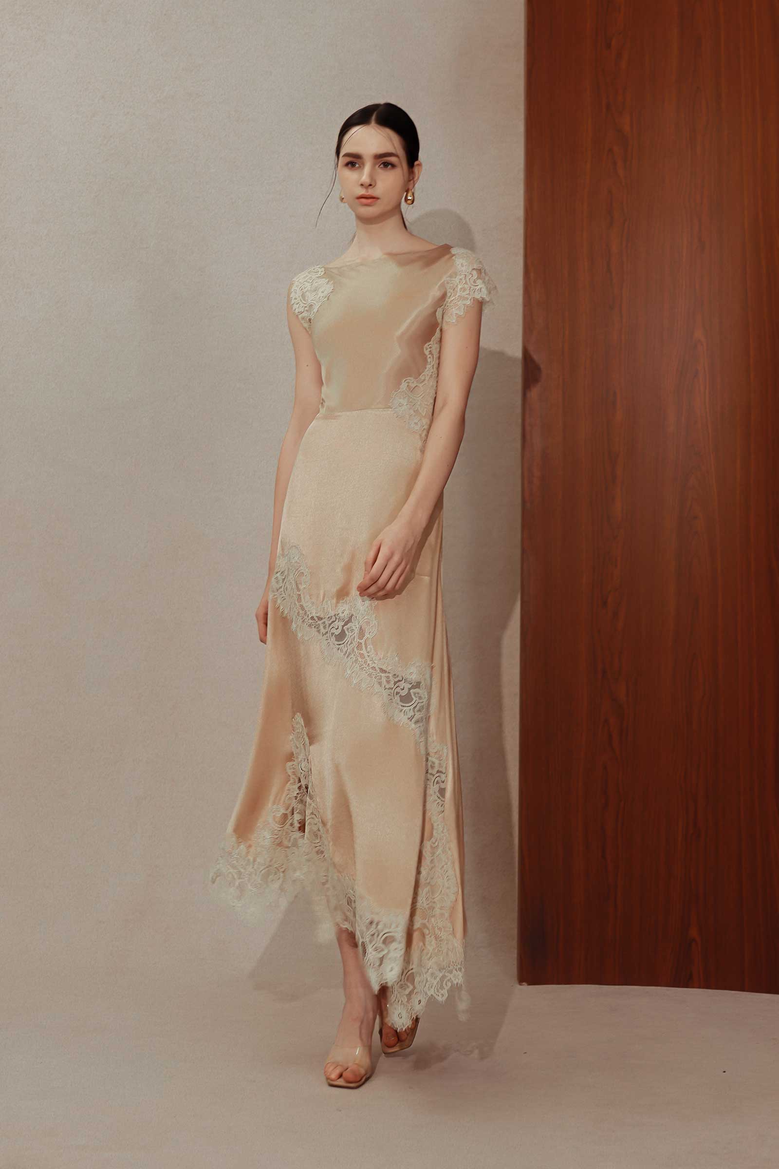 Desianne Lace Trim Satin Dress (Champagne)