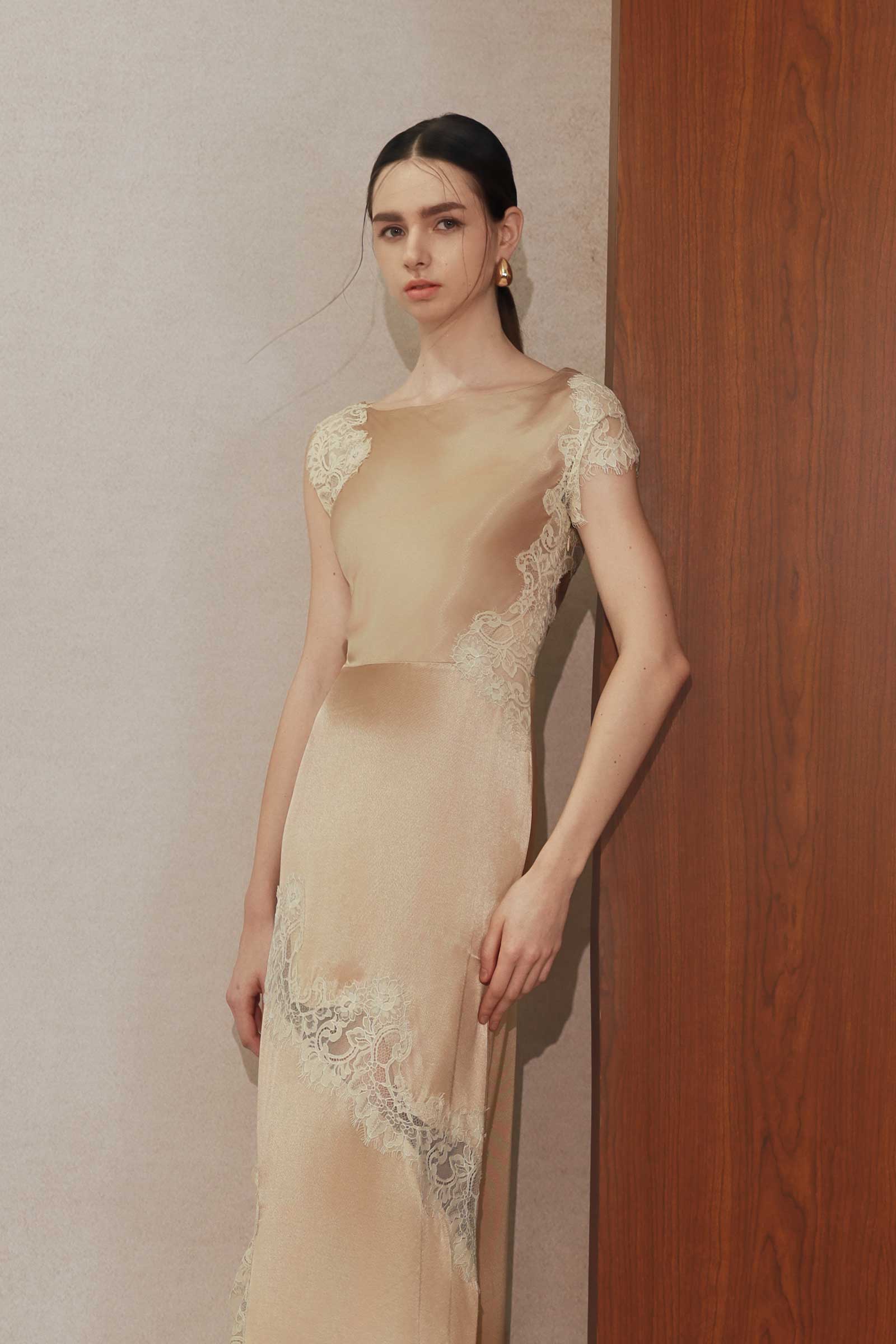 Desianne Lace Trim Satin Dress (Champagne)