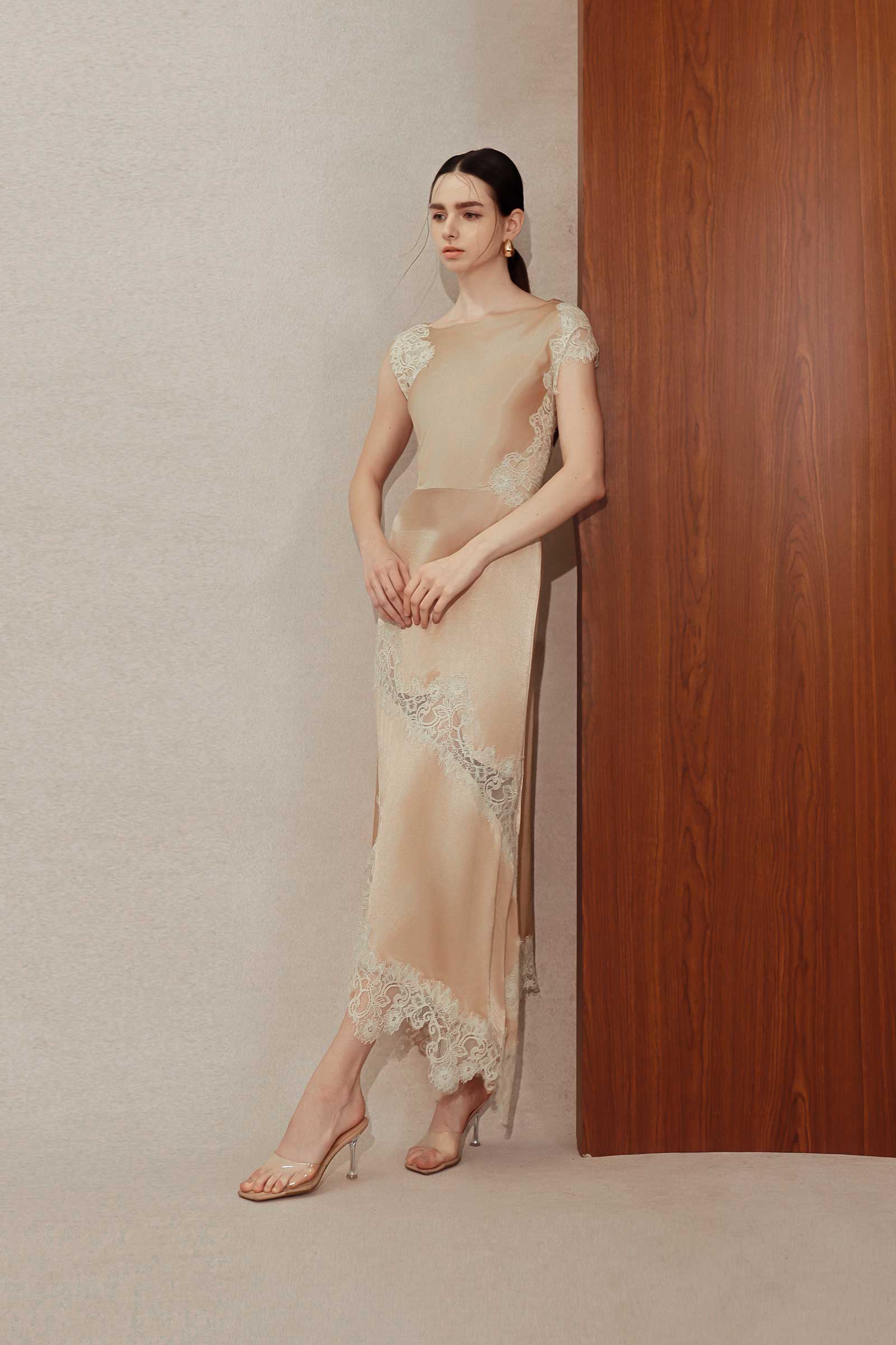 Desianne Lace Trim Satin Dress (Champagne)