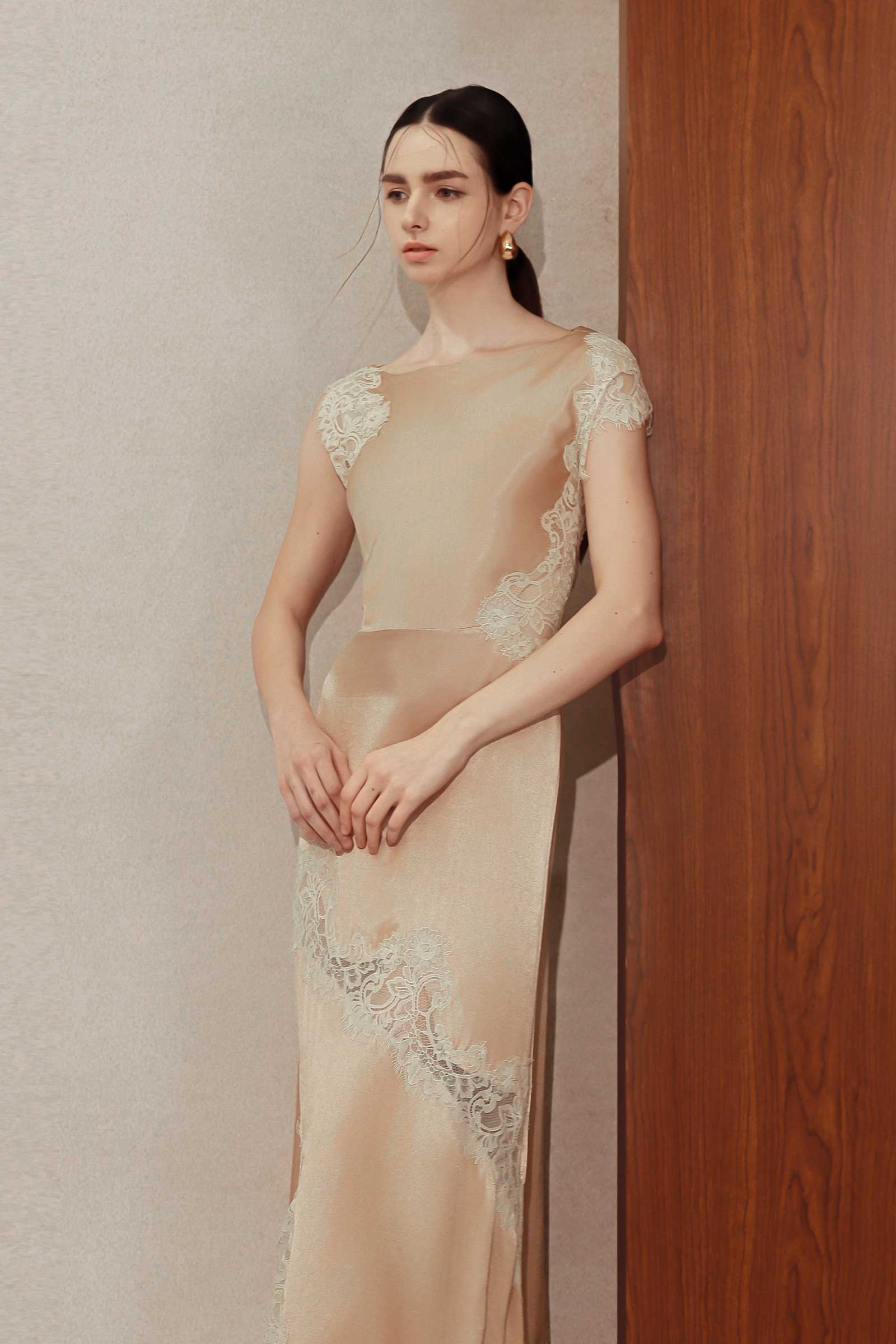 Desianne Lace Trim Satin Dress (Champagne)