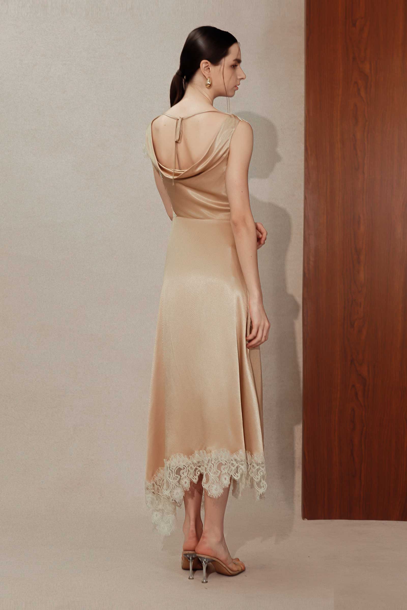 Desianne Lace Trim Satin Dress (Champagne)