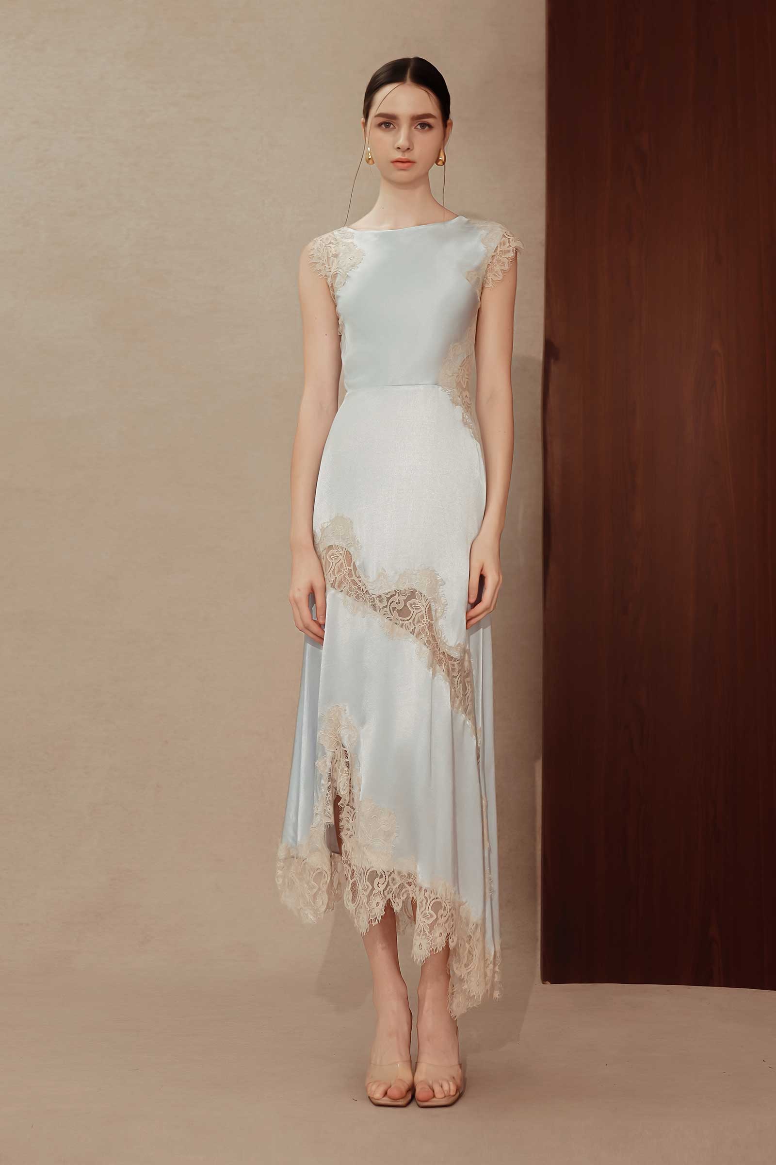 Desianne Lace Trim Satin Dress (Baby Blue)