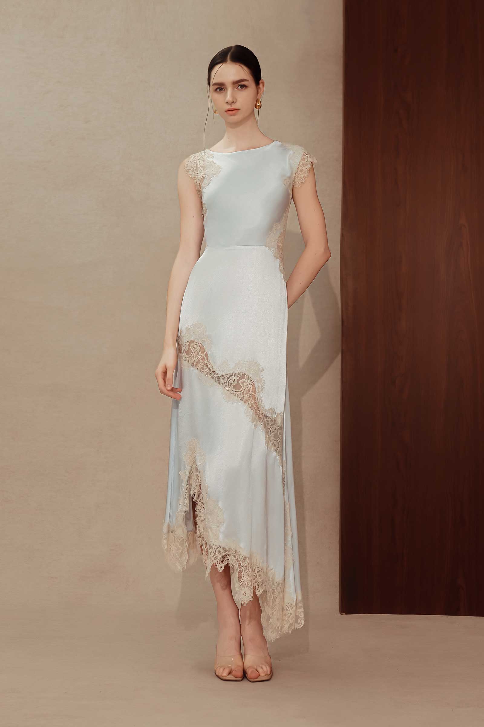 Desianne Lace Trim Satin Dress (Baby Blue)