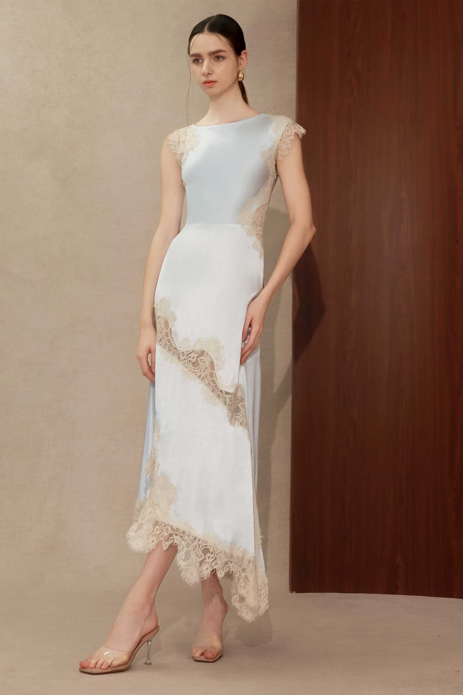 Desianne Lace Trim Satin Dress (Baby Blue)