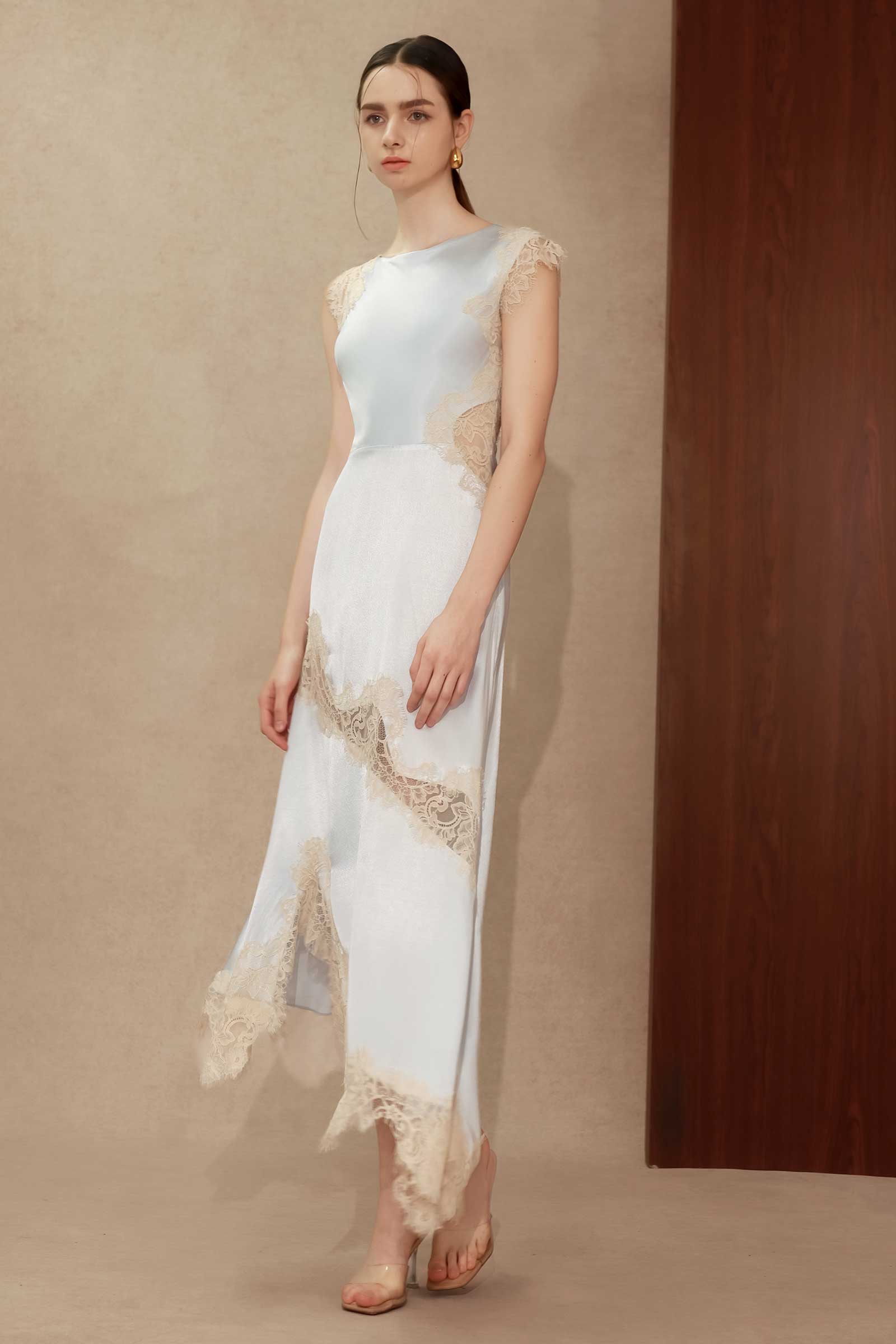 Desianne Lace Trim Satin Dress (Baby Blue)