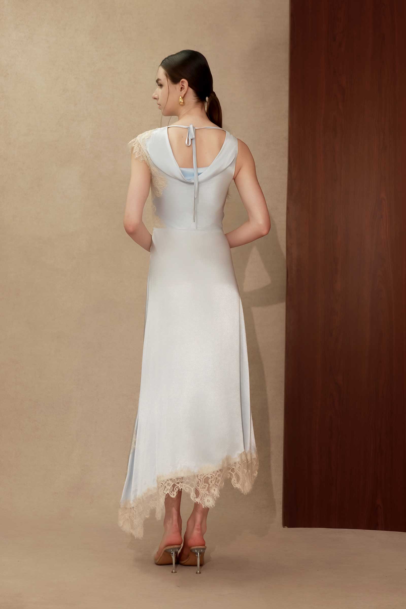 Desianne Lace Trim Satin Dress (Baby Blue)