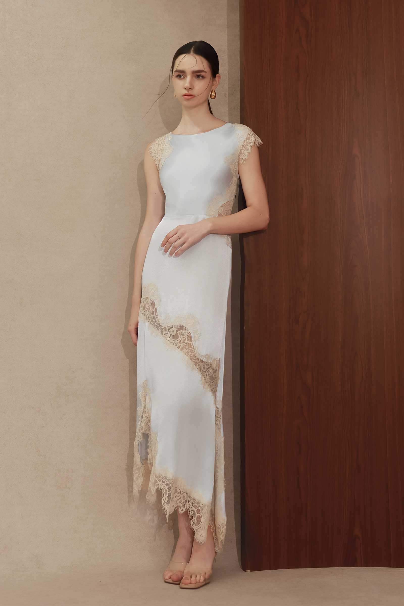 Desianne Lace Trim Satin Dress (Baby Blue)