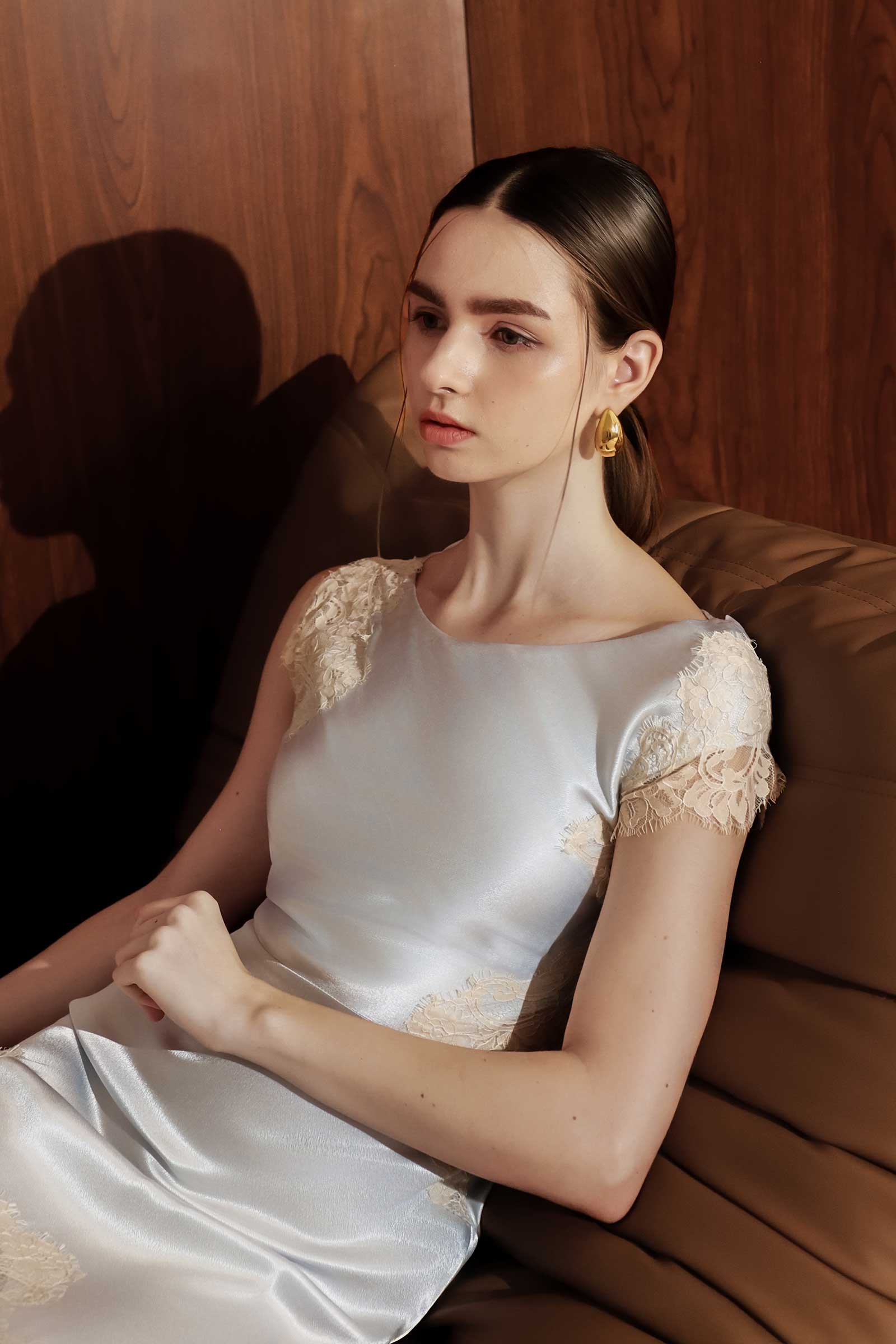 Desianne Lace Trim Satin Dress (Baby Blue)