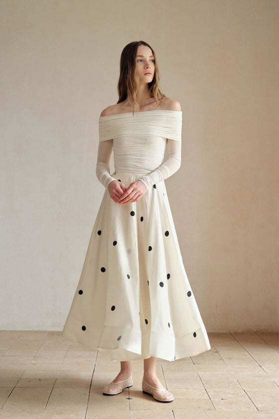 Loula Printed Polka Flare Midi Skirt