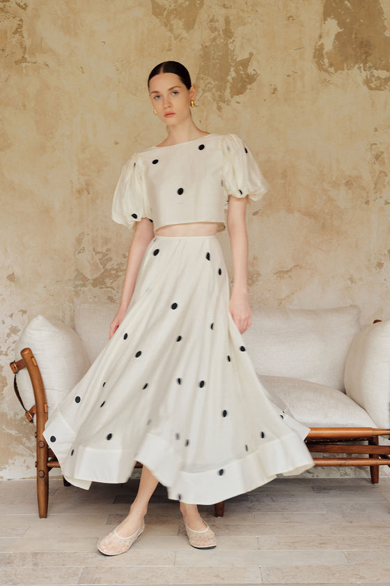 Loula Printed Polka Flare Midi Skirt