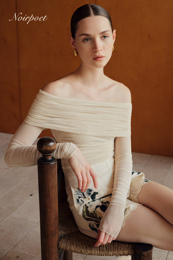 Bailey Mesh Ruched Off Shoulder Top (Buttercream)