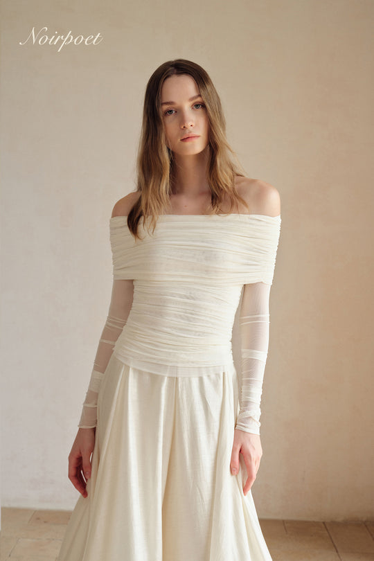 Bailey Mesh Ruched Off Shoulder Top (Ice White)