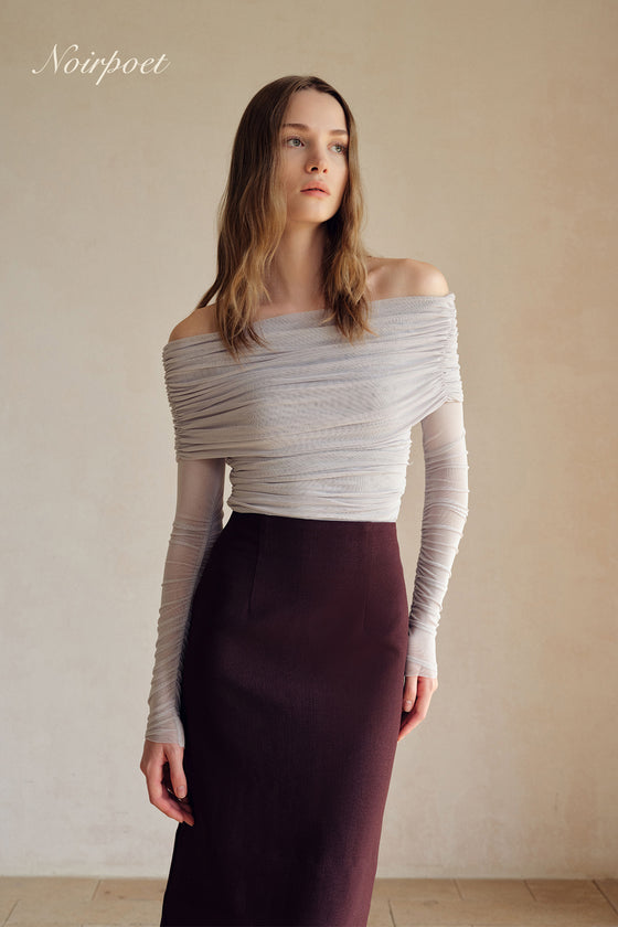 Bailey Mesh Ruched Off Shoulder Top (Misty Blue)