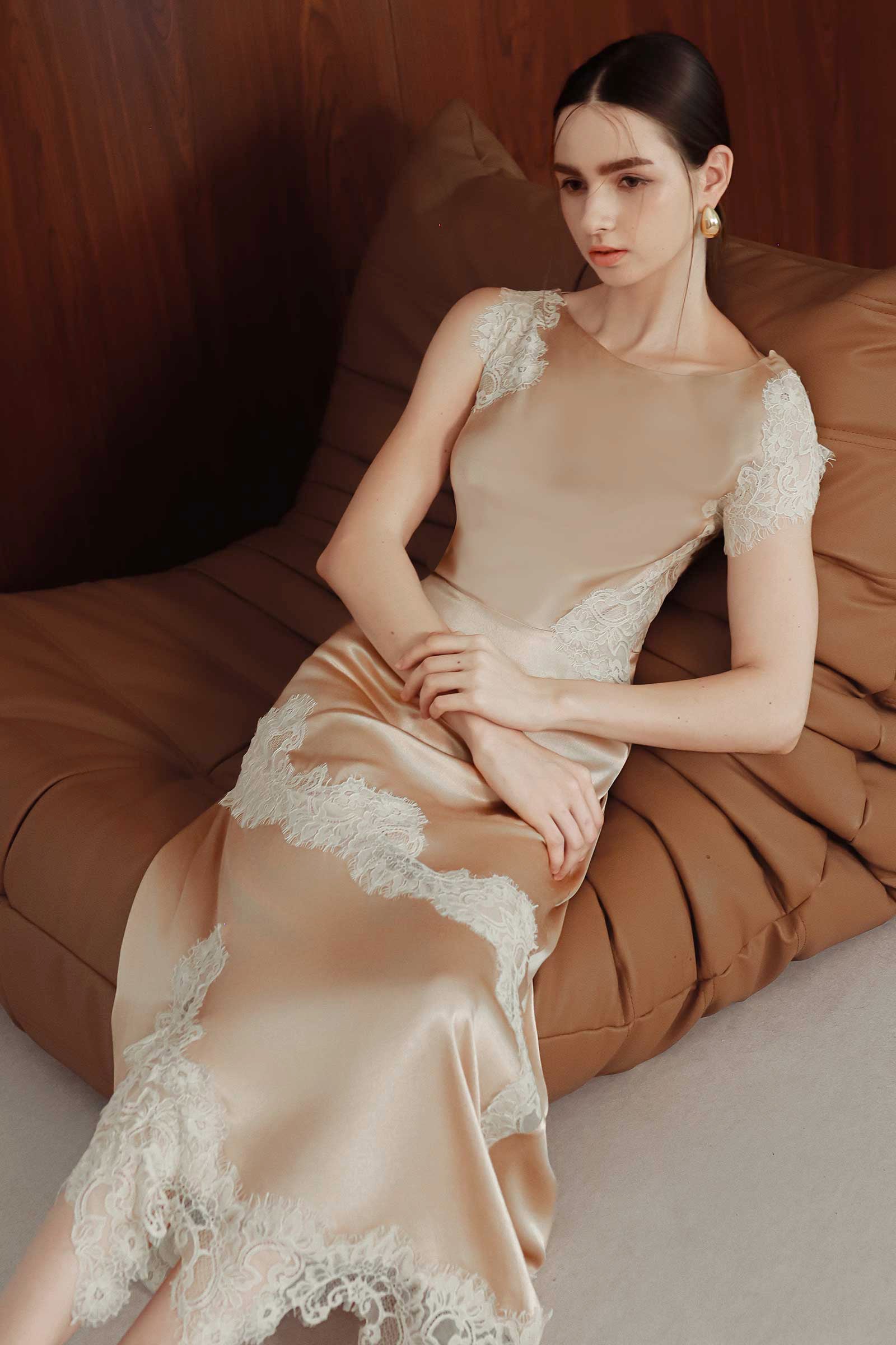 Desianne Lace Trim Satin Dress (Champagne)