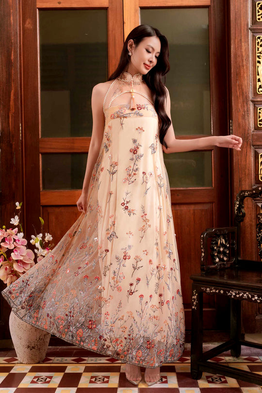 BACKORDER Whispering Bloom Qipao Dress (Champagne)