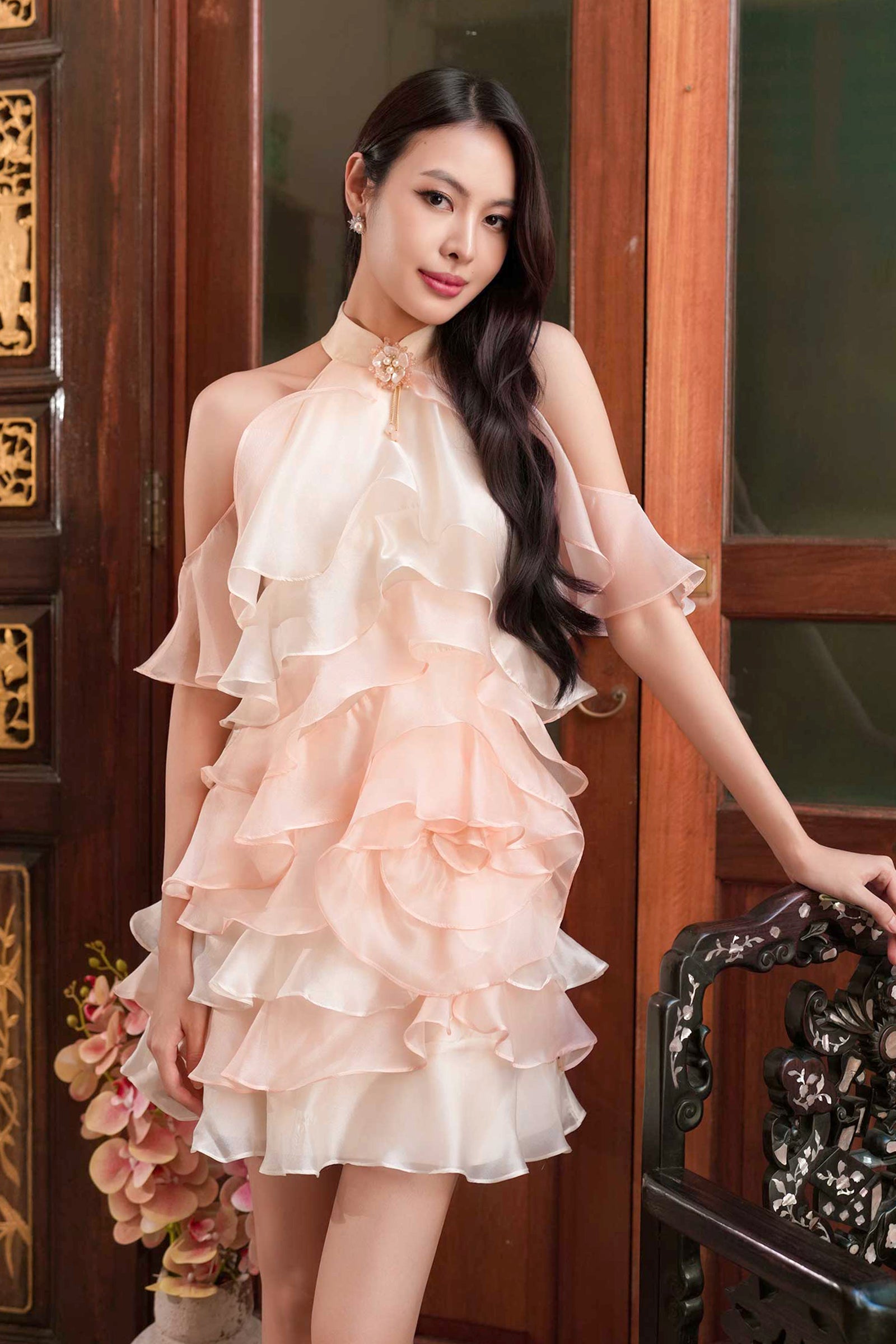 BACKORDER Elyse Ruffle Qipao Dress (Cream)