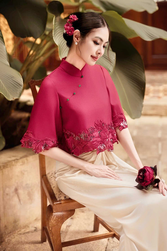 Serena Hibiscus Qipao Top (Ruby Red)