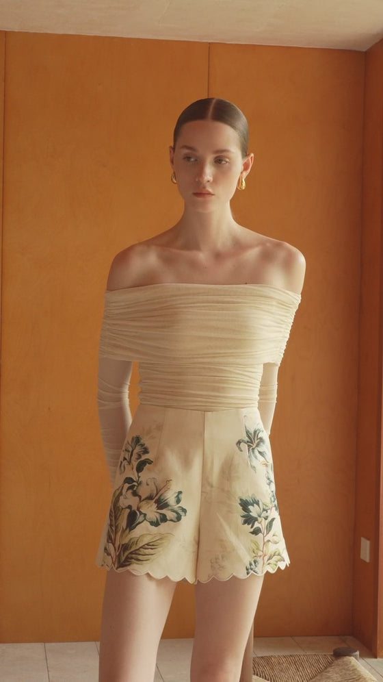 Bailey Mesh Ruched Off Shoulder Top (Buttercream)