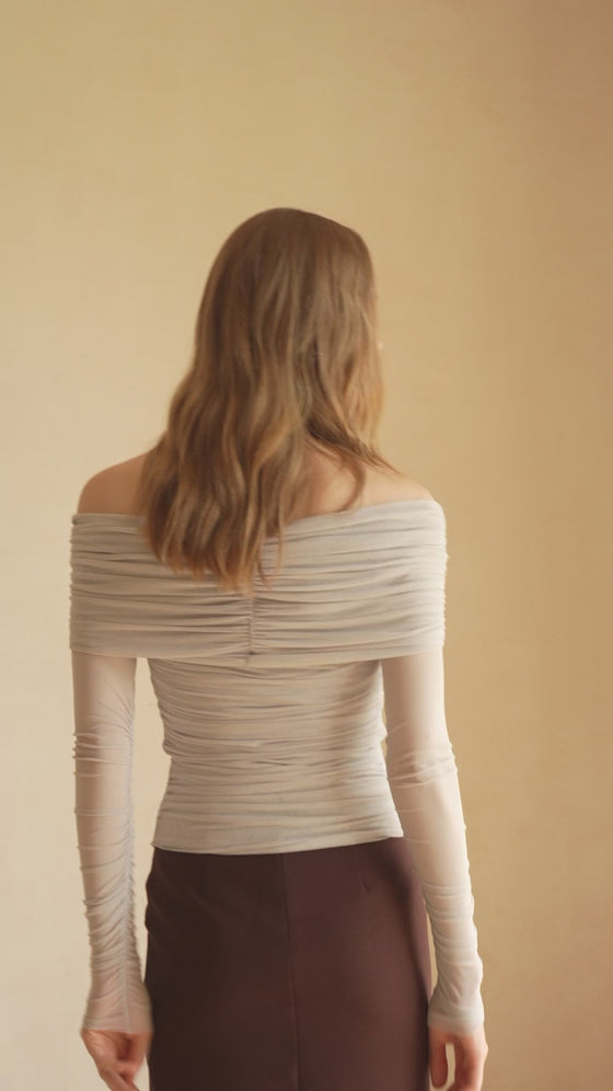 Bailey Mesh Ruched Off Shoulder Top (Misty Blue)