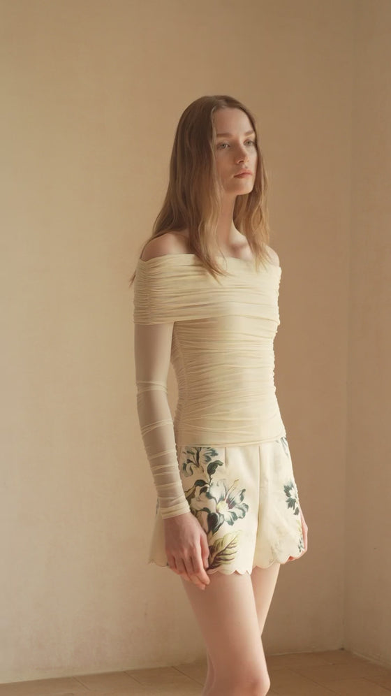 Bailey Mesh Ruched Off Shoulder Top (Buttercream)