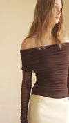 Bailey Mesh Ruched Off Shoulder Top (Ganache)